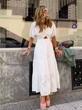 Zara White Eyelet Maxi Dress with Puff Sleeves